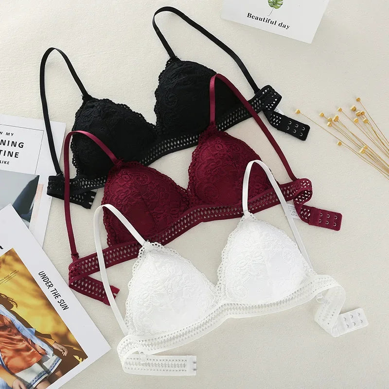 Lace Embroidery Bra Women elegant Deep V Underwear Floral Brassiere Stretch Seamless Push Up Lingerie Bralette Triangle Cup Padded