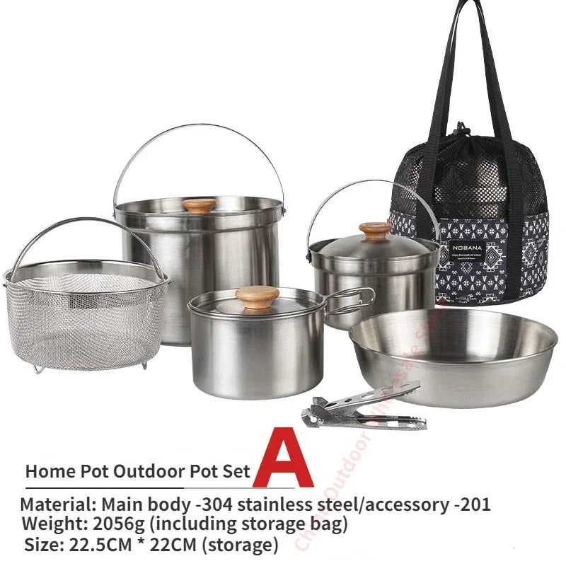 NOBANA Newest Outdoor Stainless Steel Pot Set Camping Family Pot Set 5L Portable Picnic Soup Pot Frying Steaming Household Pot - Golden Bridge Store