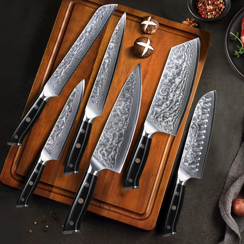 TURWHO 1-6 Piece Knife Set 67 Layers Damascus Steel Kitchen Knives Santoku Chef Knives Utility Bread Slicing Knife Cooking Tools