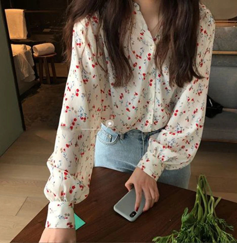 Bluză elegantă cu imprimeu floral delicat, cu farmec floral, pentru femei, din șifon, cu mâneci bufante, cămașă de birou, cu gât O, cu un singur rând de nasturi