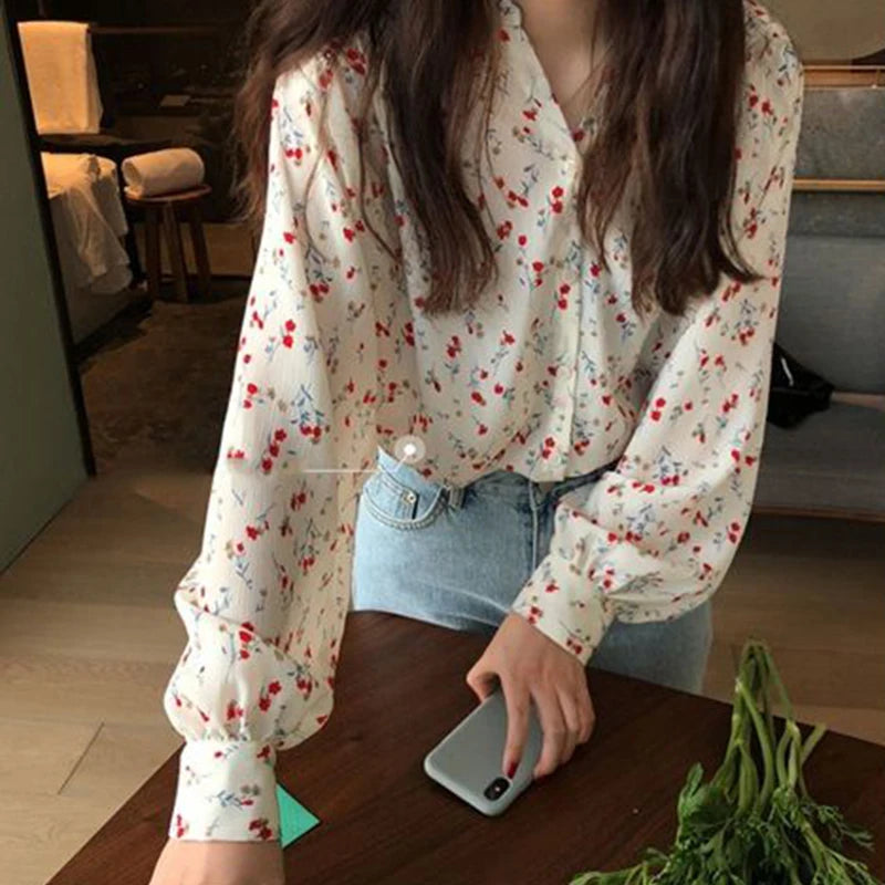 Bluză elegantă cu imprimeu floral delicat, cu farmec floral, pentru femei, din șifon, cu mâneci bufante, cămașă de birou, cu gât O, cu un singur rând de nasturi