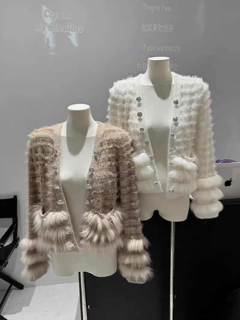 Seoulia V-Ausschnitt Pailletten-Pulli - Gr. M, Stretch, lang