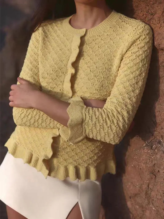 GACVGA Rüschen Strickjacke Chic - Slim Fit, 3/4-Ärmel, M