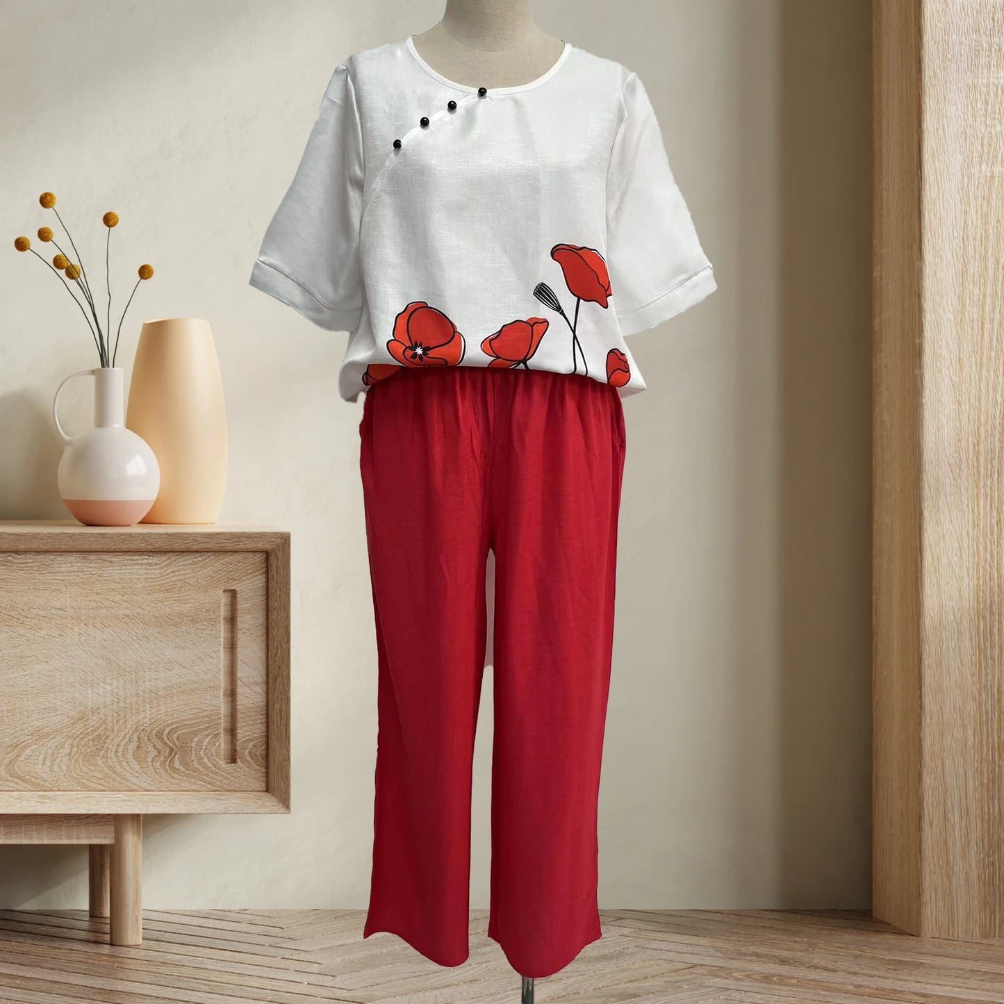 Elegant  Women Outfit Breathable Flower Pattern Blouse Trousers Half Sleeves Soft Blouse Pants Spring Clothes