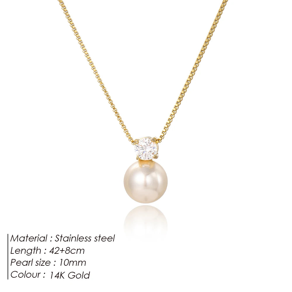 eManco Stainless Steel Gold Plated Imitation Pearl Pendant Short Zirconia Necklace Women's Accessories Wholesale