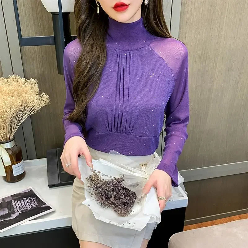 Tops Woman Autumn Winter Red Long Sleeve T Shirt for Women Rhinestone Turtleneck Glitter Sequin Cheap Clothes Elegant Clearance