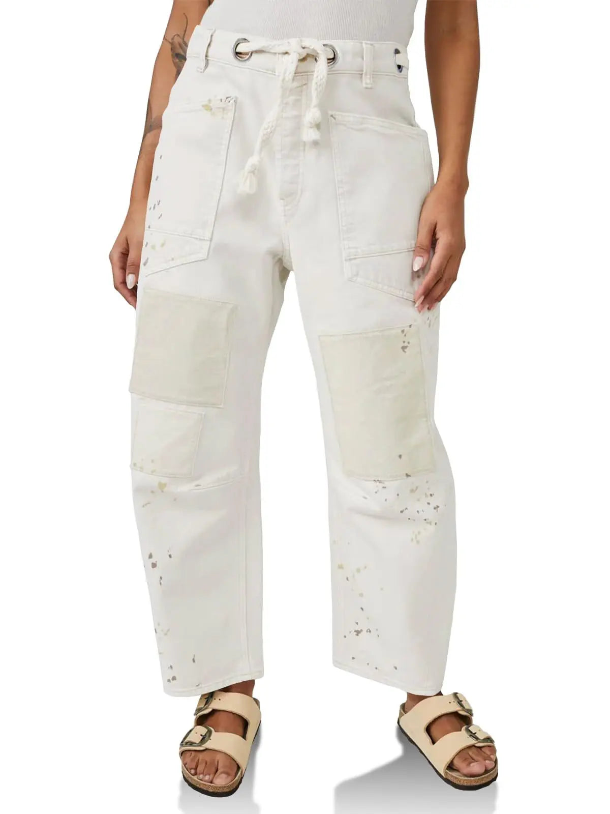 Jeans Women Denim Pants Straight Trousers Drawstring Long Pant Casual Loose Y2k Streetwear Button Pocket Splice Mom Jeans 2025