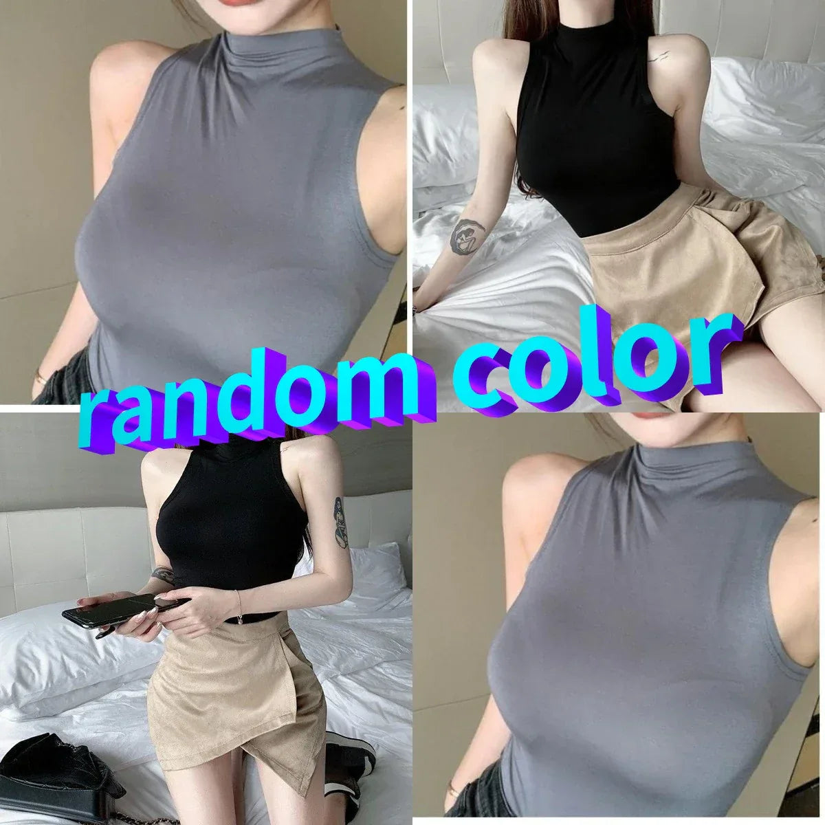 elegant Tank Top Solid Halter Crop Tops Women Summer Camis Turtleneck Camisole Fashion Casual Tube Female Sleeveless Cropped Vest - Golden Bridge Store
