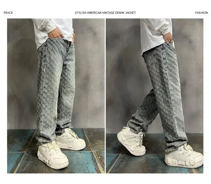Herren Jeans 2025 - Jacquard All Over High Street Straight Lift Pattern Loose Wide Leg