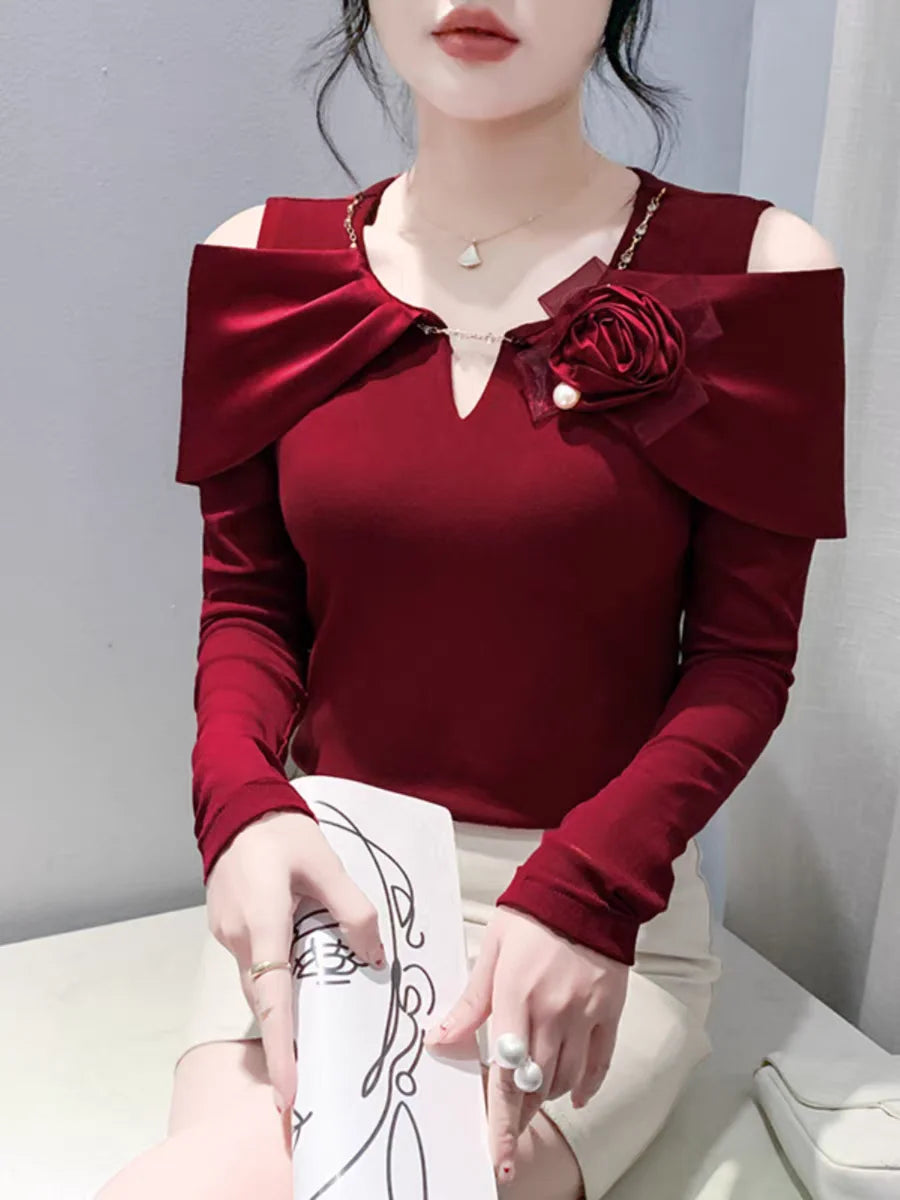 Women T-shirt Fashion T Shirt Cotton Slim Tee For Ladies Autumn Clothing New Long Sleeve Beading V-Neck Tops