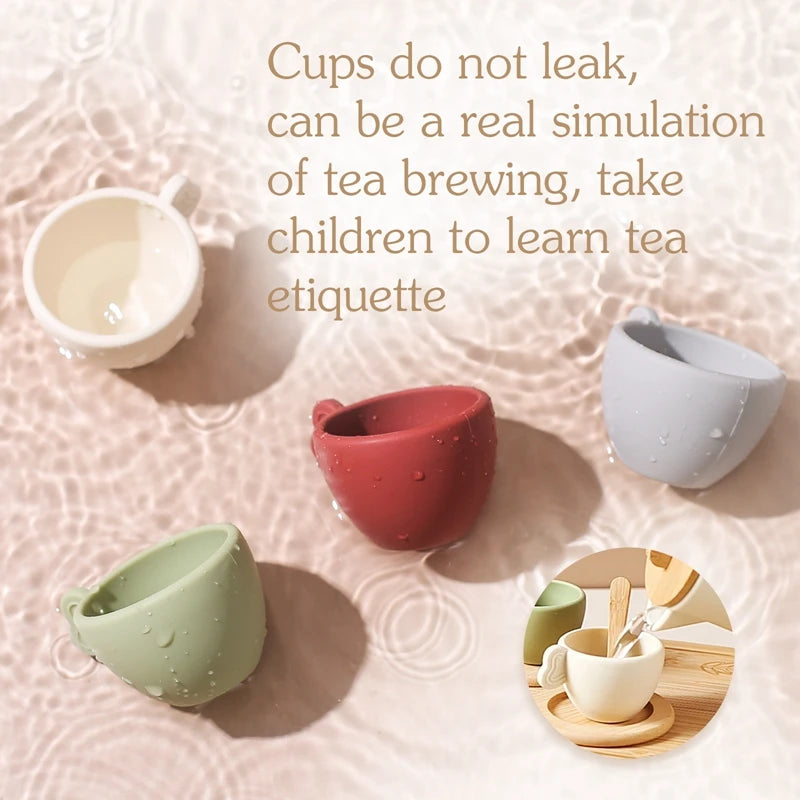 Wooden Montessori Toys Toddler Pretend Play Tea Party Set Silicone Teapot Cups Wood Tray Scoop Toys for Kids Birthday Gift