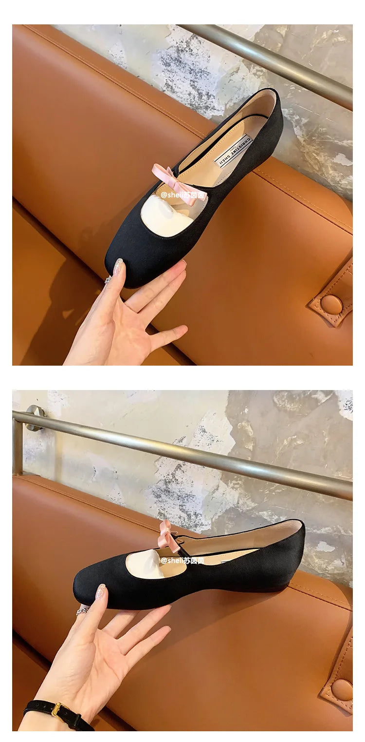 Ballet Falts Shoes for Women Bow Tie Elegant Women's Loafers Shoes with Low Heels Black Leather Mary Janes Desinger Shoes Ladies