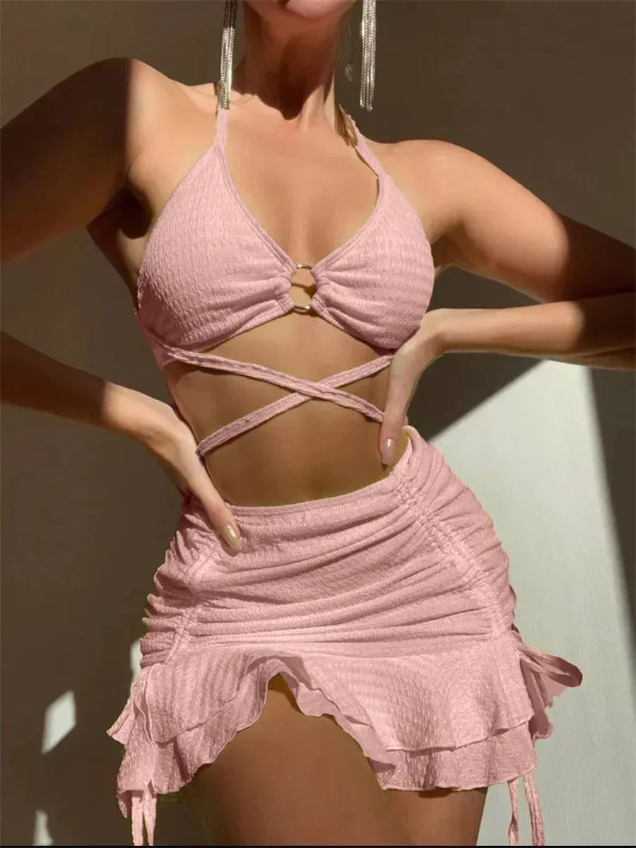 Elegant Gelber Bikini: Daxiyee Solid Halter Ring Wire-Free Low Waist - Criss Cross Cover Up 3 Teilig Rüschen Rock Office Lady