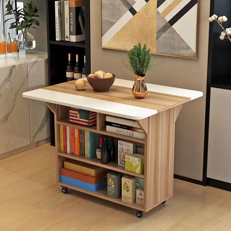 Modern Klappbar Esstisch Mit Aufbewahrung Regale Beweglich Küche Insel Schrank Massivholz Spanplatte Für Kleine Räume