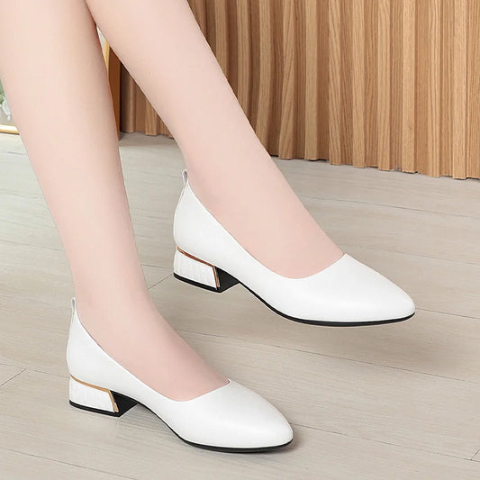 Simple Soft Leather Thick Heel Single Shoes For Women In Summer New Pointed Toe Low Heel White Work Shoes Elegant Comfortable