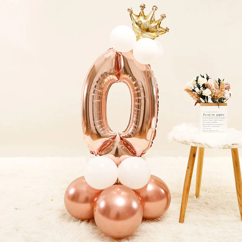 Chrome Rose Gold 32inch Number Foil Column Balloons Happy Birthday Party Decorations Kids Boy Girl 1 2 3 4 5 6 7 8 9 Year Old