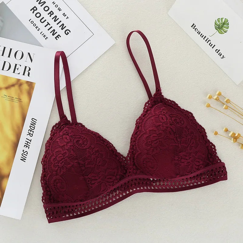 Lace Embroidery Bra Women elegant Deep V Underwear Floral Brassiere Stretch Seamless Push Up Lingerie Bralette Triangle Cup Padded