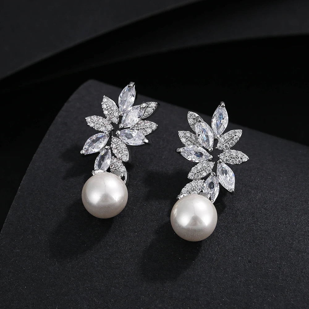 Luxus Silberfarbe AAA+ Cubic Zirkonia - Damen Große Perlen Halskette Anhänger und Ohrringe - Schmuck Sets Geschenk