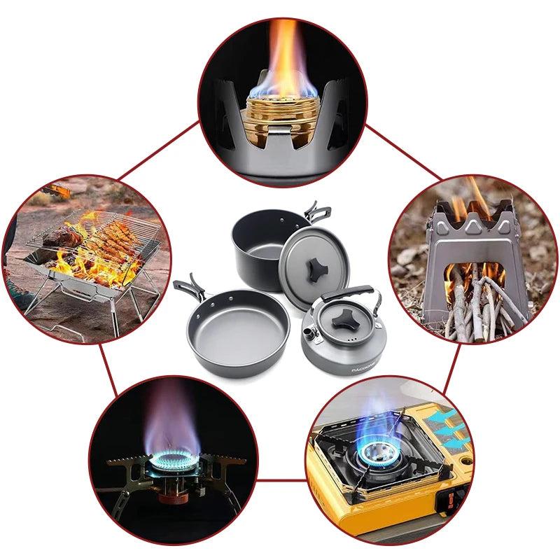 PACOONE Camping Cookware Set Outdoor Portable Foldable Cookware Set Pot Cooking Kettle Set Tableware Hiking Picnic Equipment