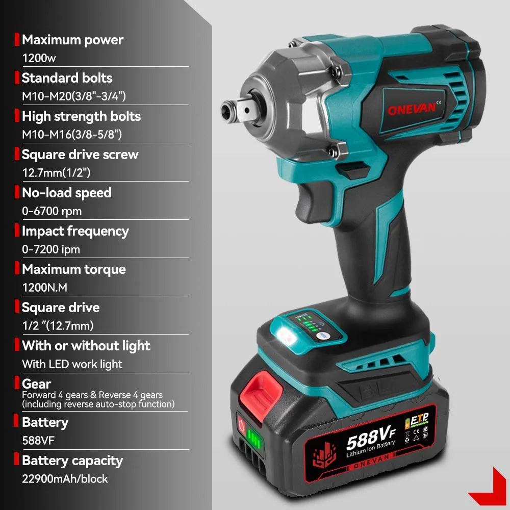 ONEVAN 1200N.M Brushless Electric Impact Wrench 3 Funtion 1/2" Cordless Screwdriver Electric Drill for BL1840B BL1850 18V Batter