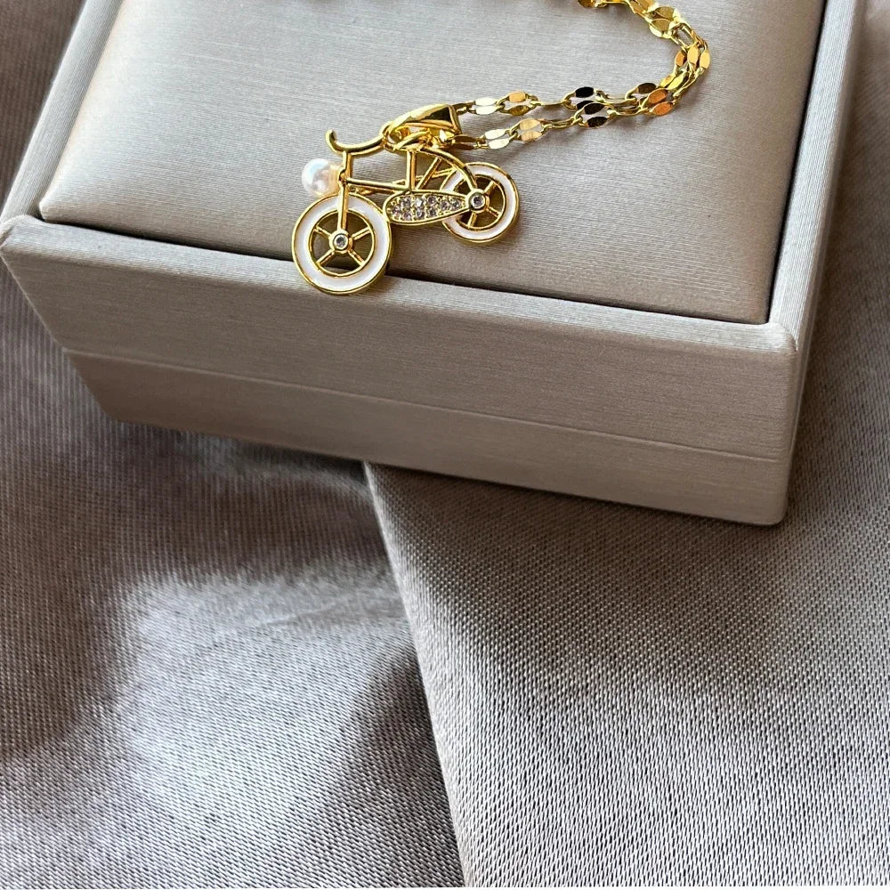 Exquisite Bike Bicycle Pendant Necklace White Enamel Fake Pearl Jewelry Fashion Women Chain Necklaces Gold Color Choker Gift 1PC