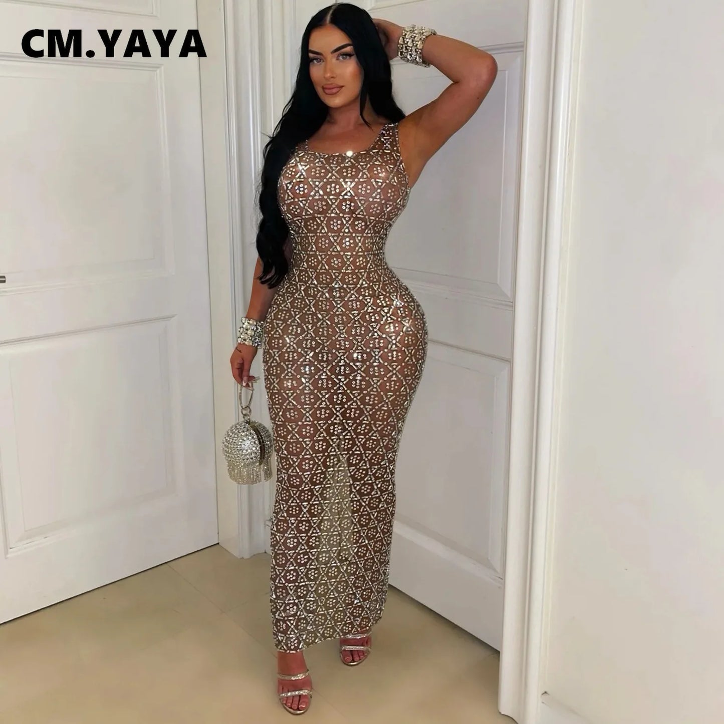 Rochie de damă 2025 - CM.YAYA Rochie lungă de vară fără mâneci cu strasuri, plasă, seară la modă