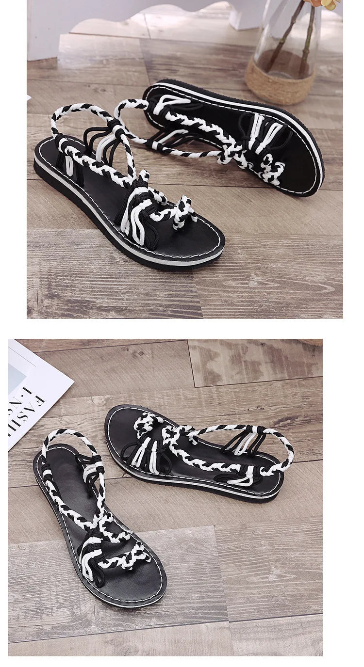 Women Sandals Summer Closed Toe Flat Romen Sandals Women Mixed Colors Rope Knot Sandals Women  Casual Beach Sandals Plus Size