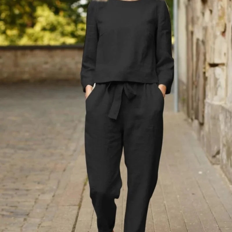 Suit Set Einfarbig Blusenhose Rundhals - Polyester Größe L