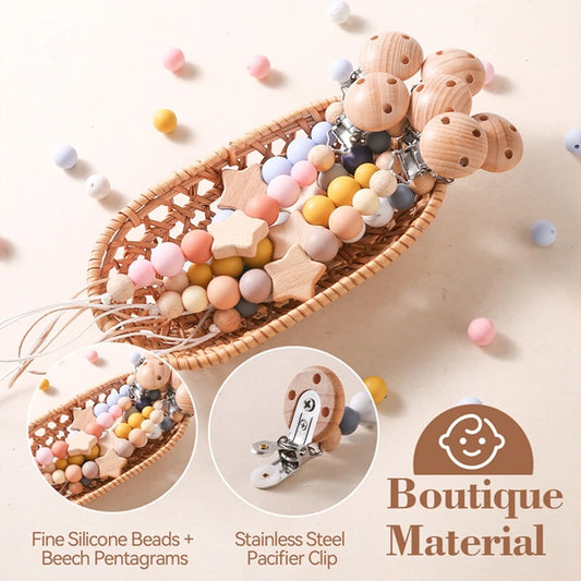 Baby Pacifier Chain Star Customizable Beads Wooden Pacifier Clips BPA Free Handmade Holder Chain Infant Nursing Teether Chain