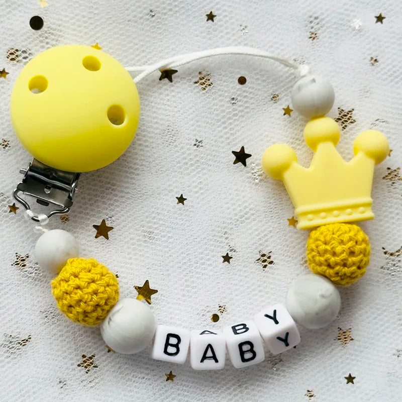 Nou personalizat nume personalizat suzetă clemă lucrată manual din lemn de fag lanț silicon coroană suport suzetă bebeluși jucărie de mestecat cadou de mestecat