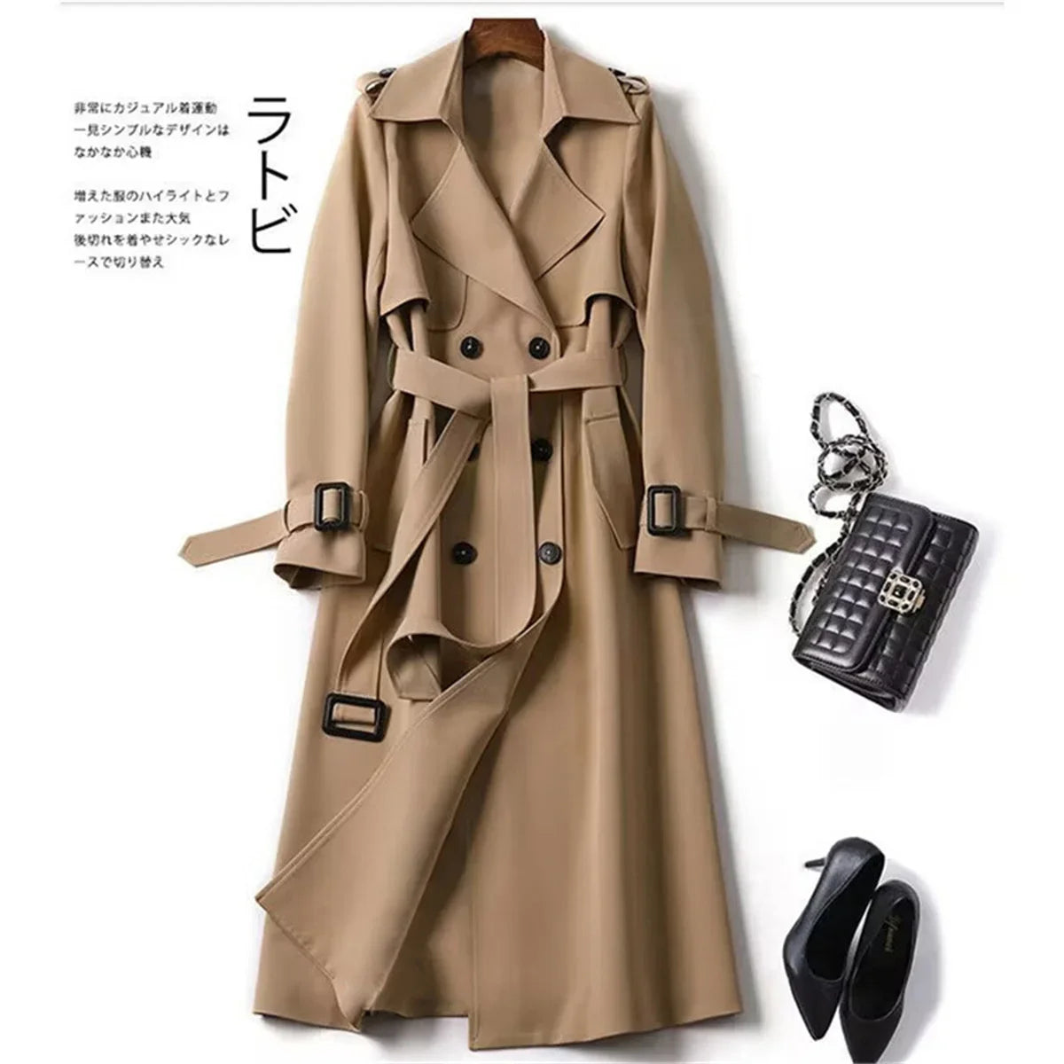 Elegant Women  Fashion British Jackets Autumn Winter Widebreaker Streetwear Midi Coats Casual Office Lady Button Slim Chic Coat