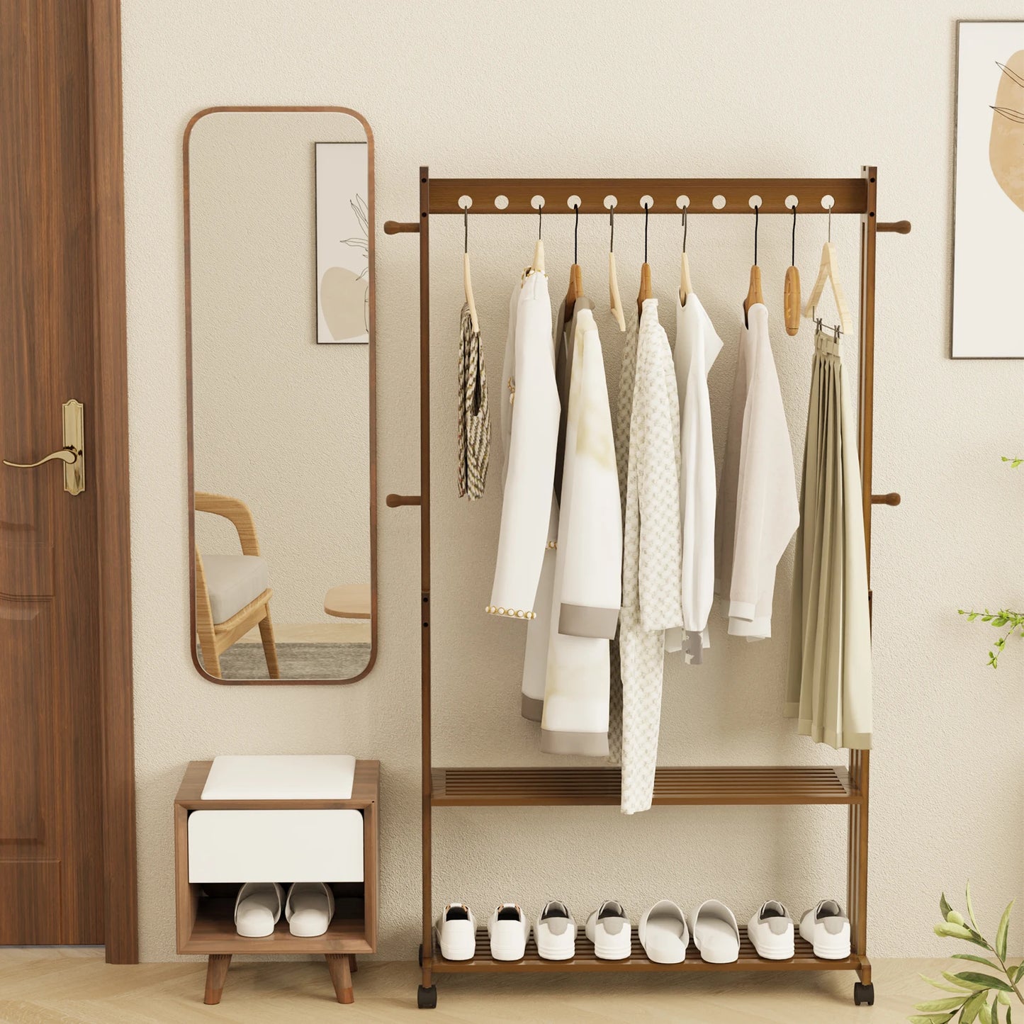 Vintage Heavy Duty Wooden Clothes Stand Freestanding Rack Shelf Home Bedroom Hallway Entryway Bamboo Hanging Rail Shoe Storage