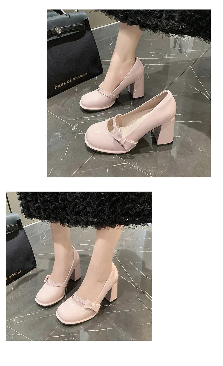 Elegant Heel Shoes Ladies 8cm High Heel Bowknot Solid Mary Jane Zapatos Adult Dress Pink White Black Cosplay Footwear