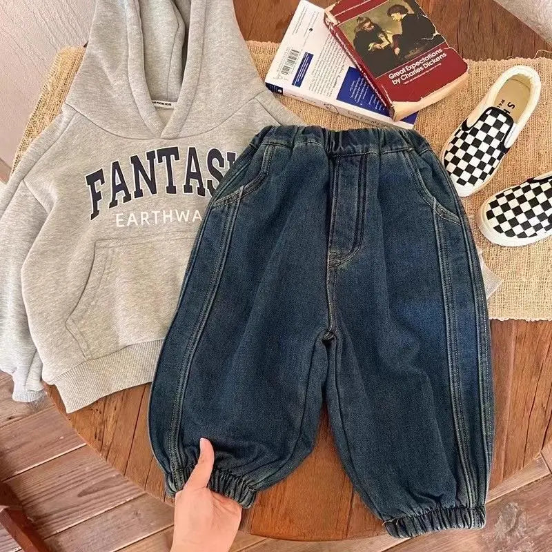 Jeans For 1-8Y Boys Autumn Winter Solid Spliced Cotton Kids Boys Trousers Fashion Velvet Thicken Children Boys Warm Jogger Pants