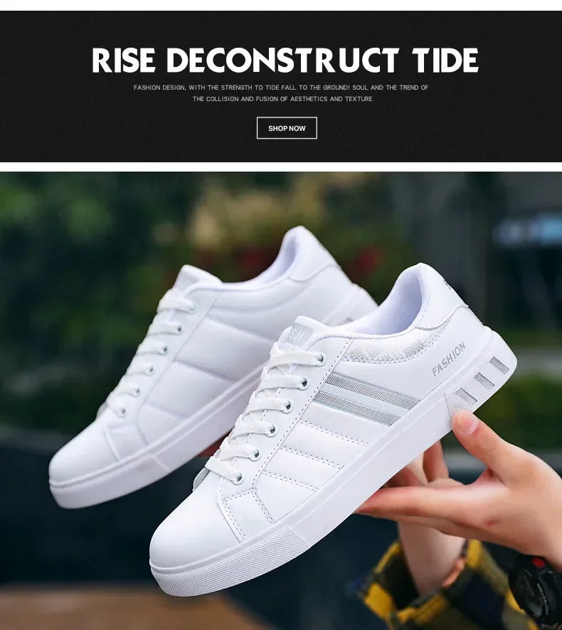 Men's Sneakers Breathable Mens Flat WhiteTennis Shoes Skateboard Shoes Casual Sports Shoes for Men Lightweight PU Leather