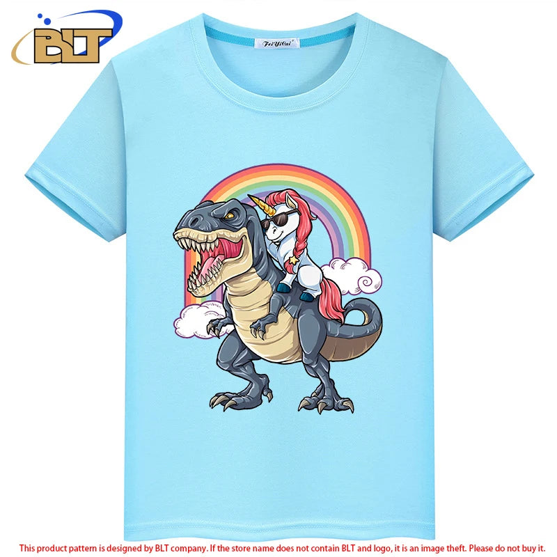 Kinder-T-Shirt 2025: Einhorn auf Dinosaurier - Premium Baumwoll-Mix