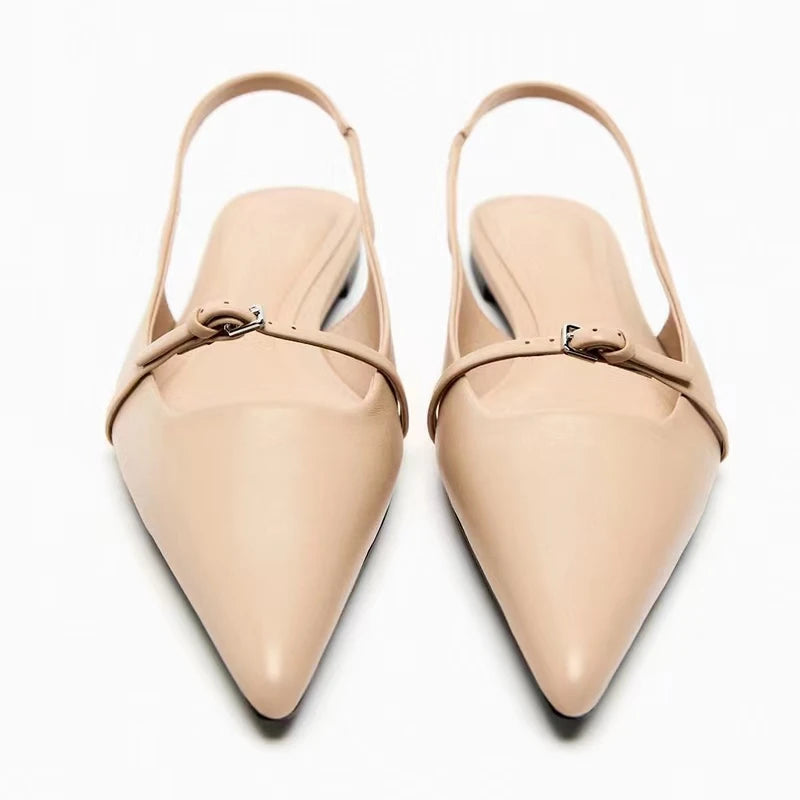 Slingback Flat Bottom Women Sandals Summer Black Leather Pointed Woman Ballet Shoes Fashion Low-heel Woman Shoes