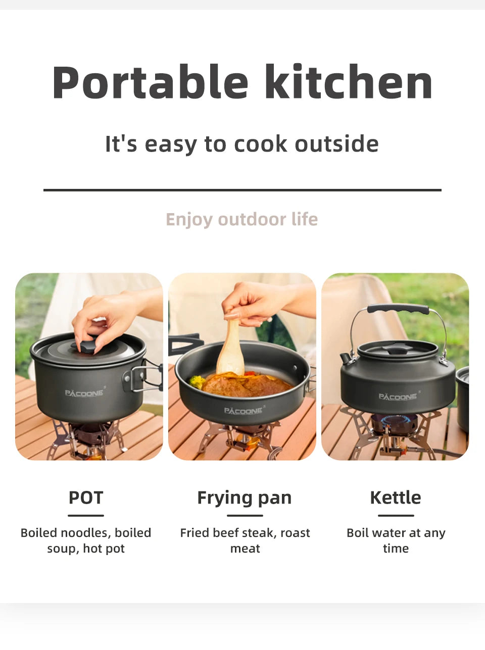 PACOONE Camping Cookware Set Outdoor Portable Foldable Cookware Set Pot Cooking Kettle Set Tableware Hiking Picnic Equipment