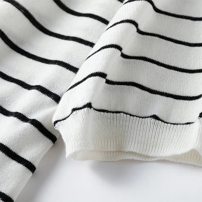 Women Knit T-Shirt 70% Mulberrry Silk 30% Cotton Round Neck Stripes Short Sleeve Sweater Pullover Top Shirt L XL XXL LY040