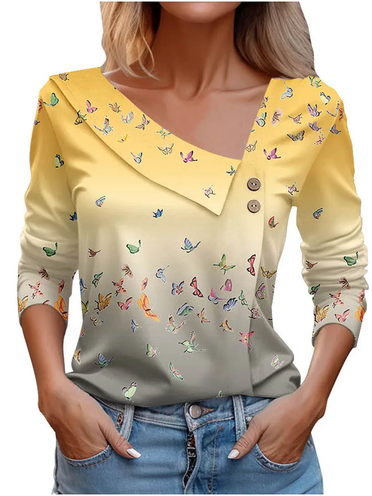 T Shirt For Women Fashion Long Sleeve Top White Floral Print Shirts And Blouses 3D Print Clothes For Women 2025 y2k