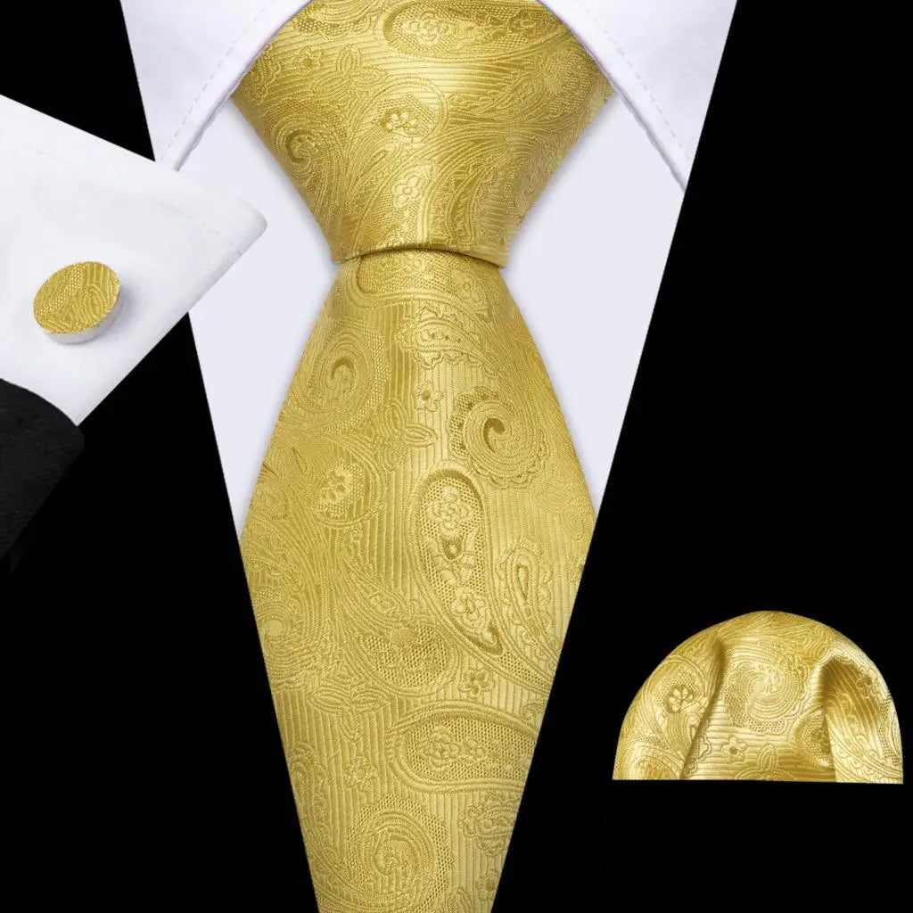 Fashion Silk Men Tie Set Gold Yellow Orange Solid Paisley Striped Plaid Floral Necktie Pocket Square Cufflinks Wedding Business