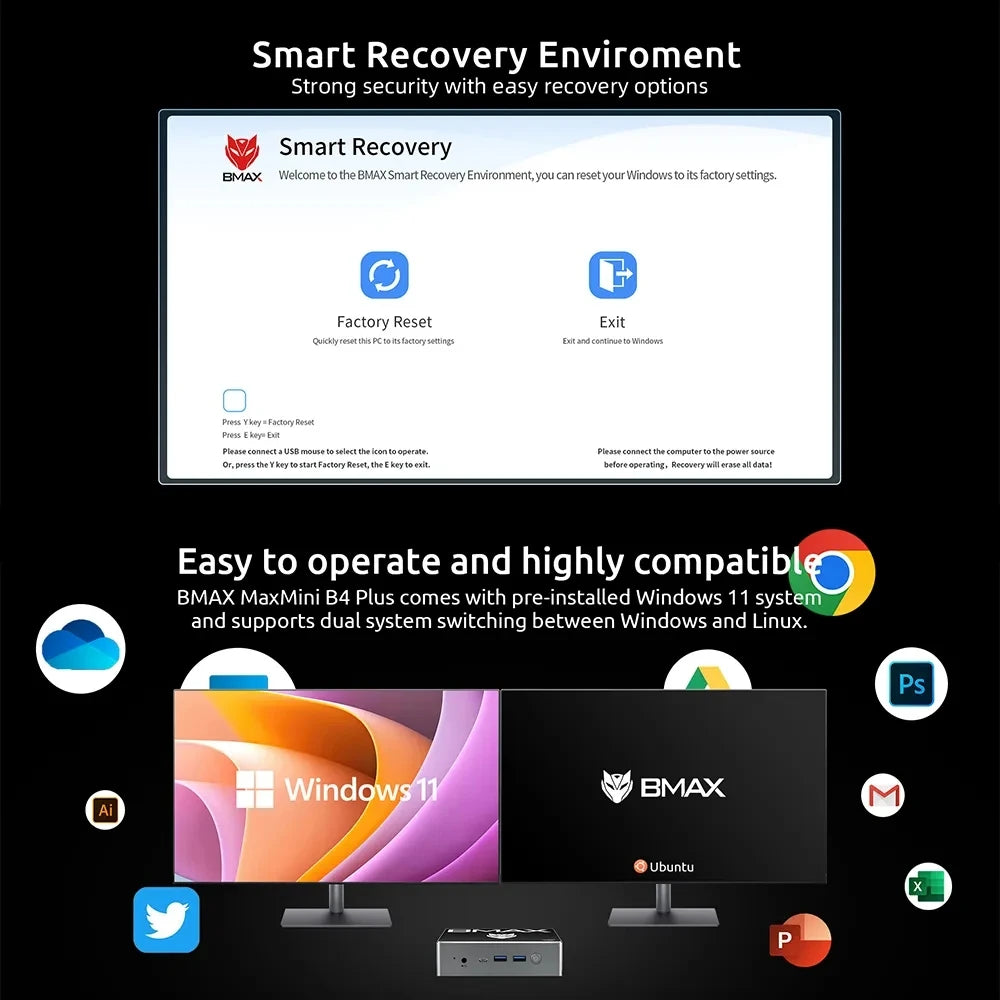 BMAX B4 Plus Windows 11 - 512 GB SSD, 16 GB RAM, Intel N100