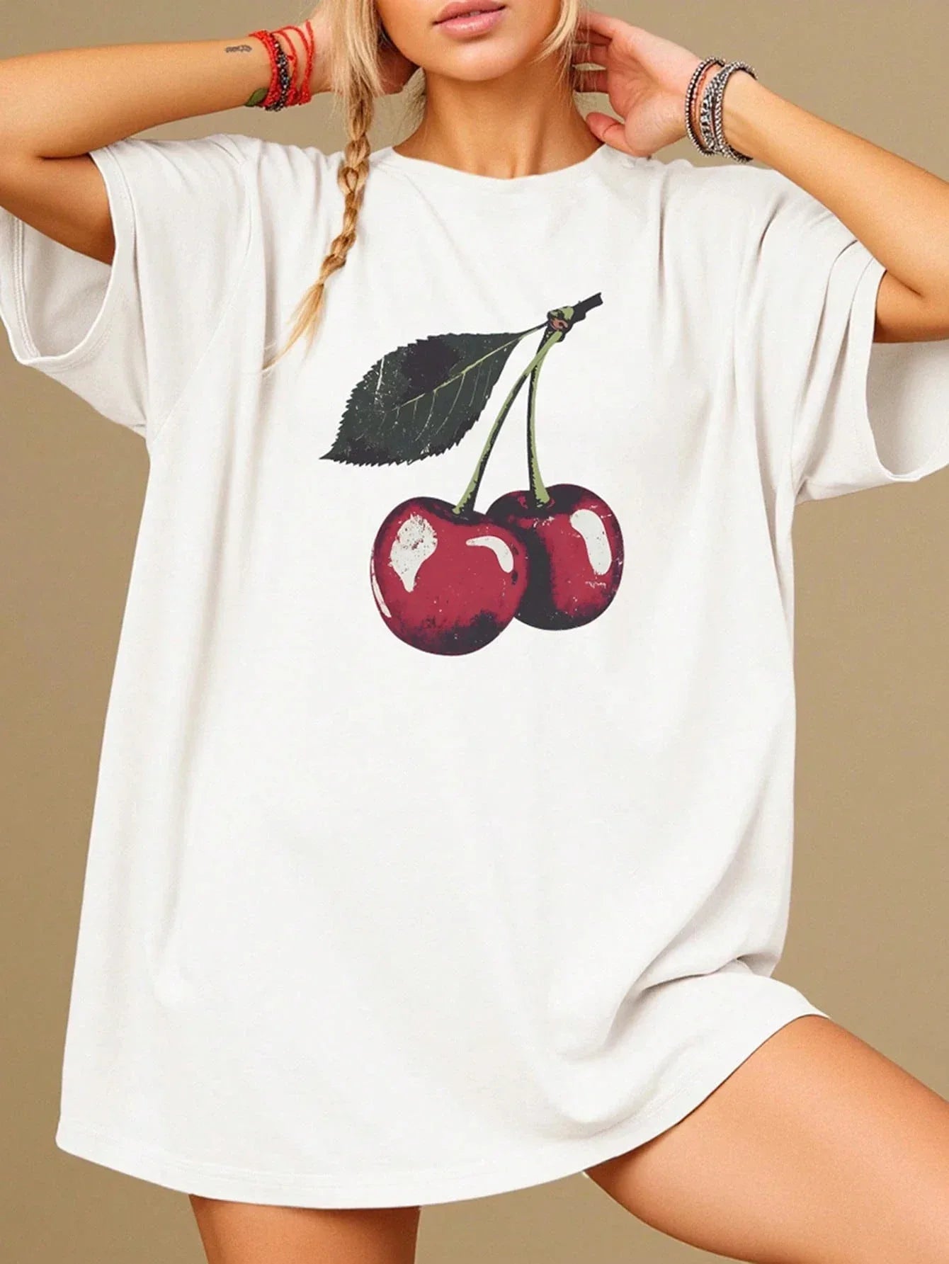 Women'S T-Shirt Black White Gray Cherry Print Cotton T-Shirt Round Neck Loose And Breathable Short Sleeved Simple Casual Top - Golden Bridge Store