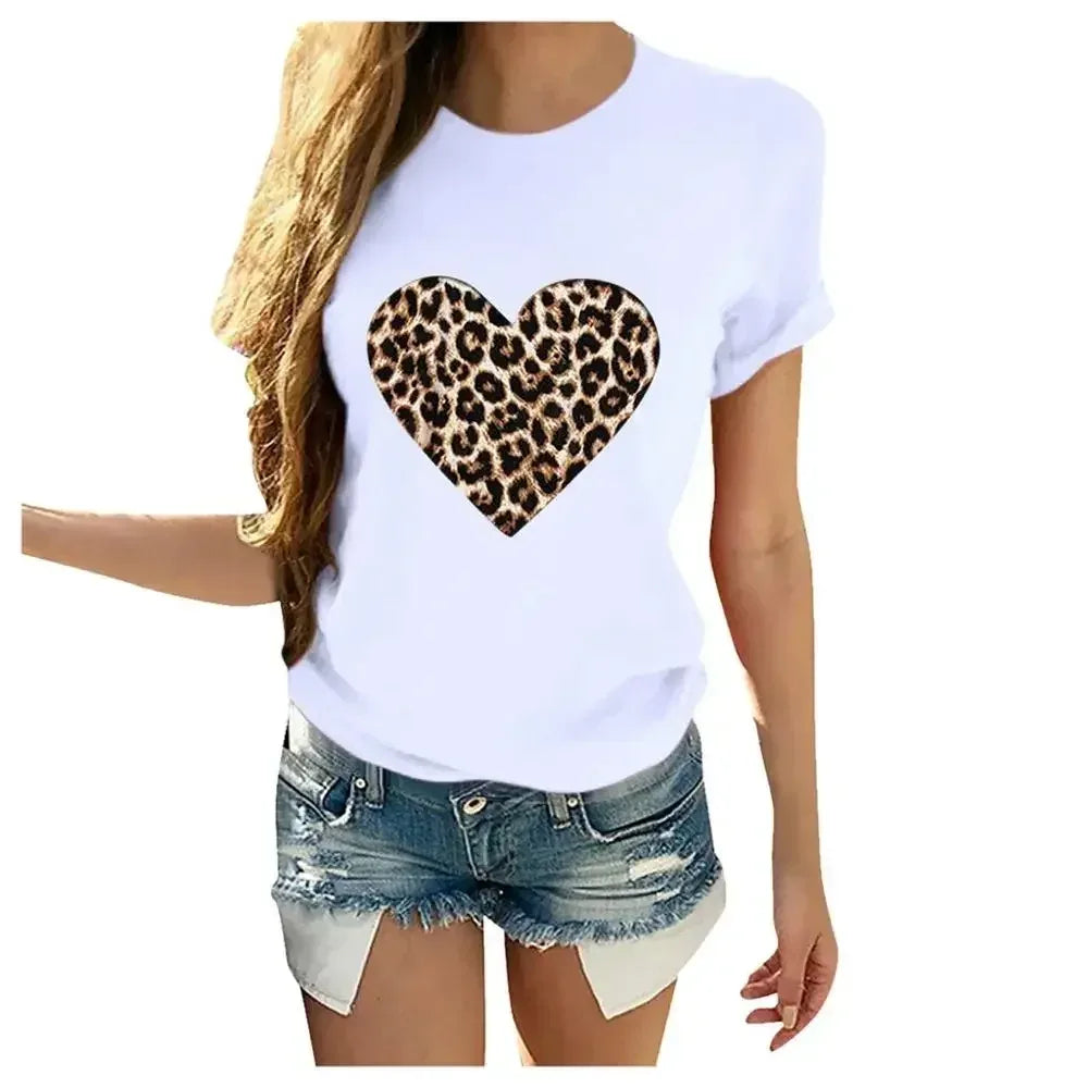 Women T-Shirt 2023 Summer Leopard Heart Print T Shirt Women Casual White Tops Loose Short Sleeve Tshirt Camisas Mujer - Golden Bridge Store