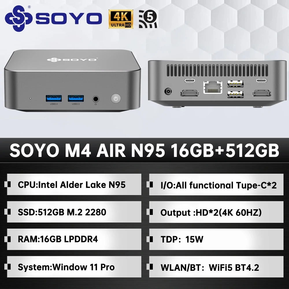 SOYO M4 Air N95 Mini PC - 256GB SSD, 3,4 GHz, kompakt