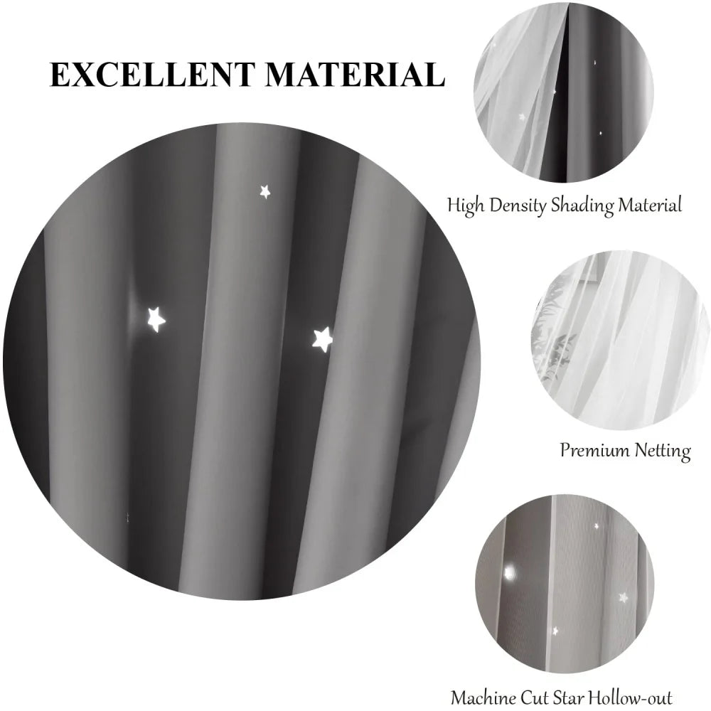 Blackout Curtains for Bedroom Double Layer Star Cutout Cute Curtain Grommet Top Window Curtain Panel for Living Room and Nursery