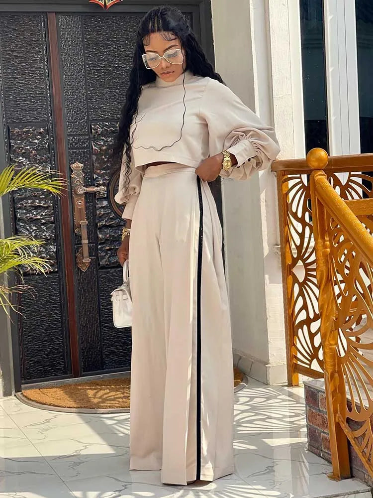 Elegant Women's Sets Two Pieces Solid Color Set Autumn Spring Piece Long Sleeve Loose Blouse and Pants Female Suit Bourgeois