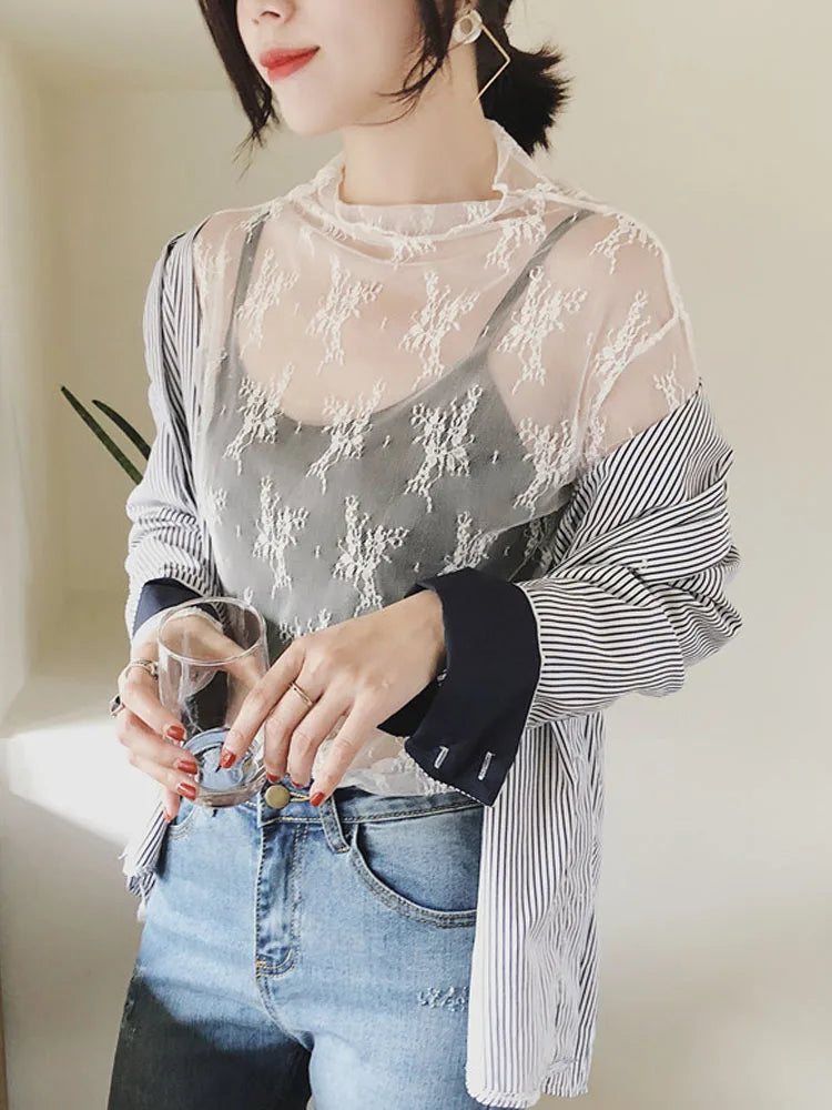 Summer Women Lace Floral Embroidery Blouses Shirt Ladies tops elegant mesh Blouses Transparent Elegant See-through Black Shirt