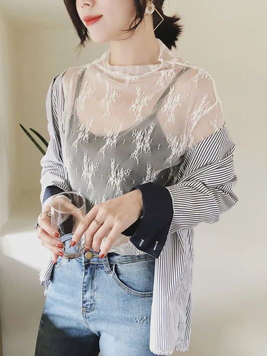 Summer Women Lace Floral Embroidery Blouses Shirt Ladies tops elegant mesh Blouses Transparent Elegant See-through Black Shirt