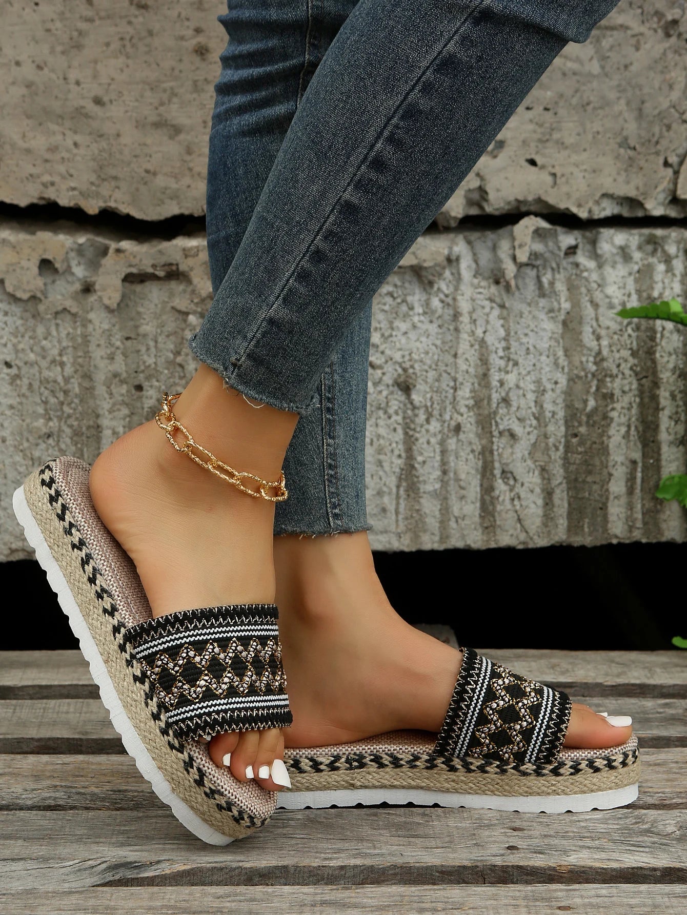 Gewebte Damen Pantoletten Platform - Sommer Schuhe für Damen 2025 Neu - Strand Casual Absatz Sandalen Bohemian Handgemacht Espadrilles